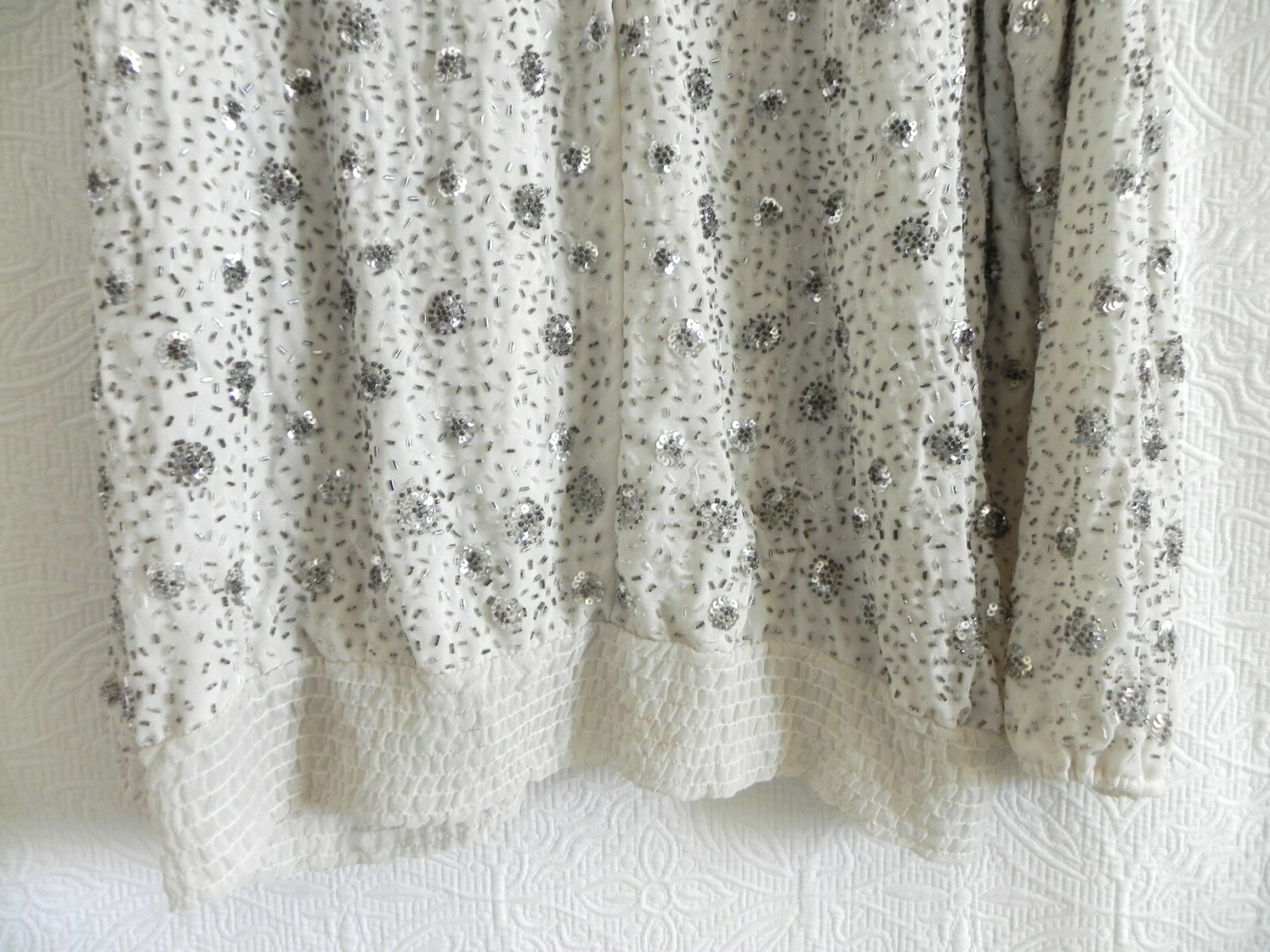 Vtg Jack Bryan Tunic Sequin/Bead Chiffon Lined Long Sleeve Ivory Over-Sized 12