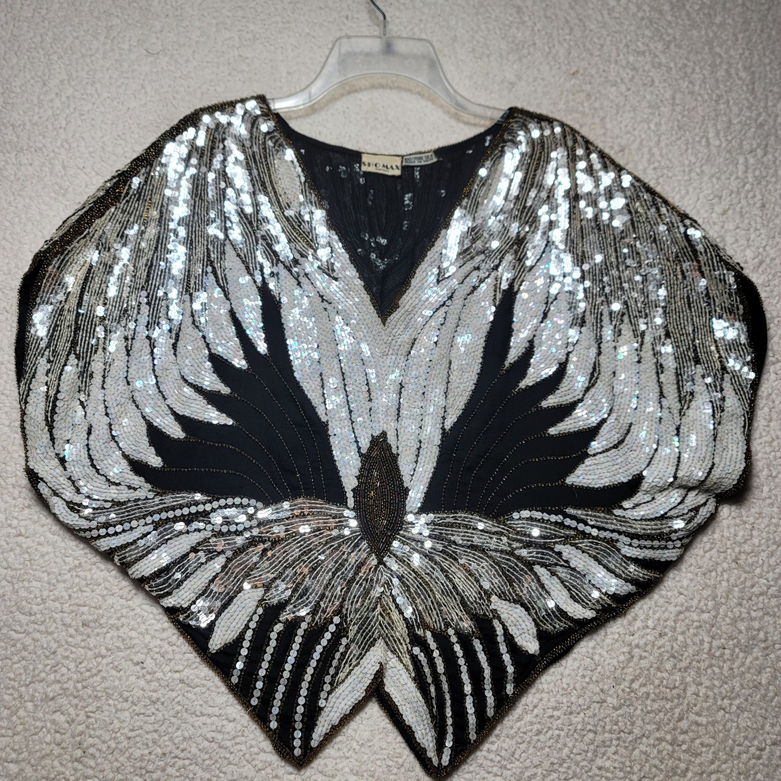 Sho-Max New York Vintage Silk Sequin Beaded Butterfly Top Art Deco Black White