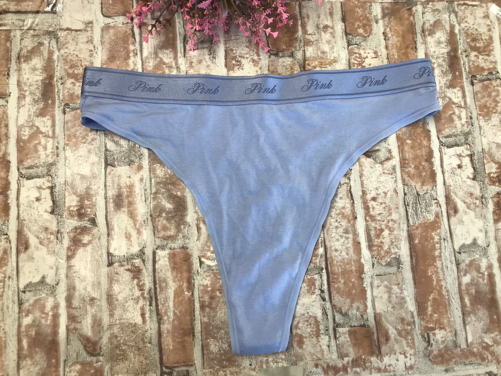 NEW PINK BY VICTORIA’S SECRET LOGO LARGE COTTON SMOOTH SKY BLUE THONG PANTIES