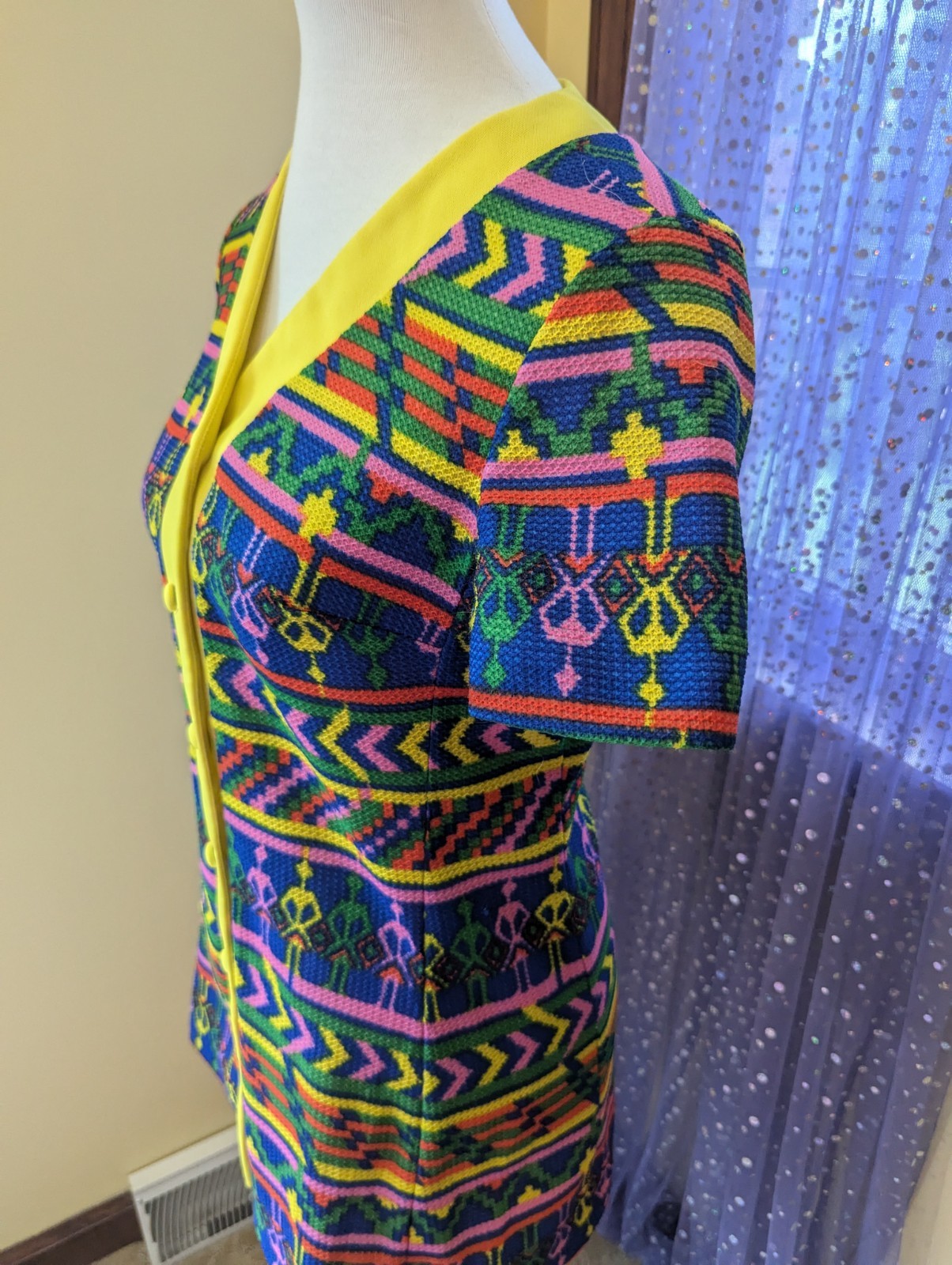 Vintage 70’s Hippie Funky Novelty Neon Rainbow Yellow Poly Tunic Top Size S/M