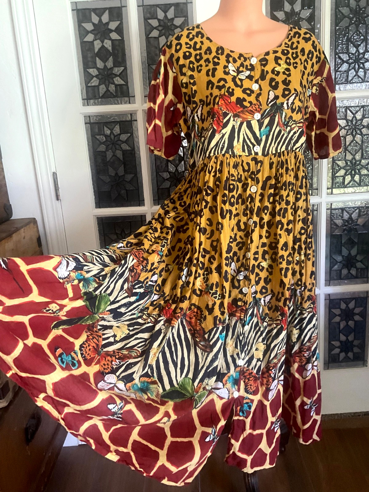 Vtg. Muumuu Caftan Dress Sheer Tissue Thin Cotton Button Down Boho Hippie Tribal