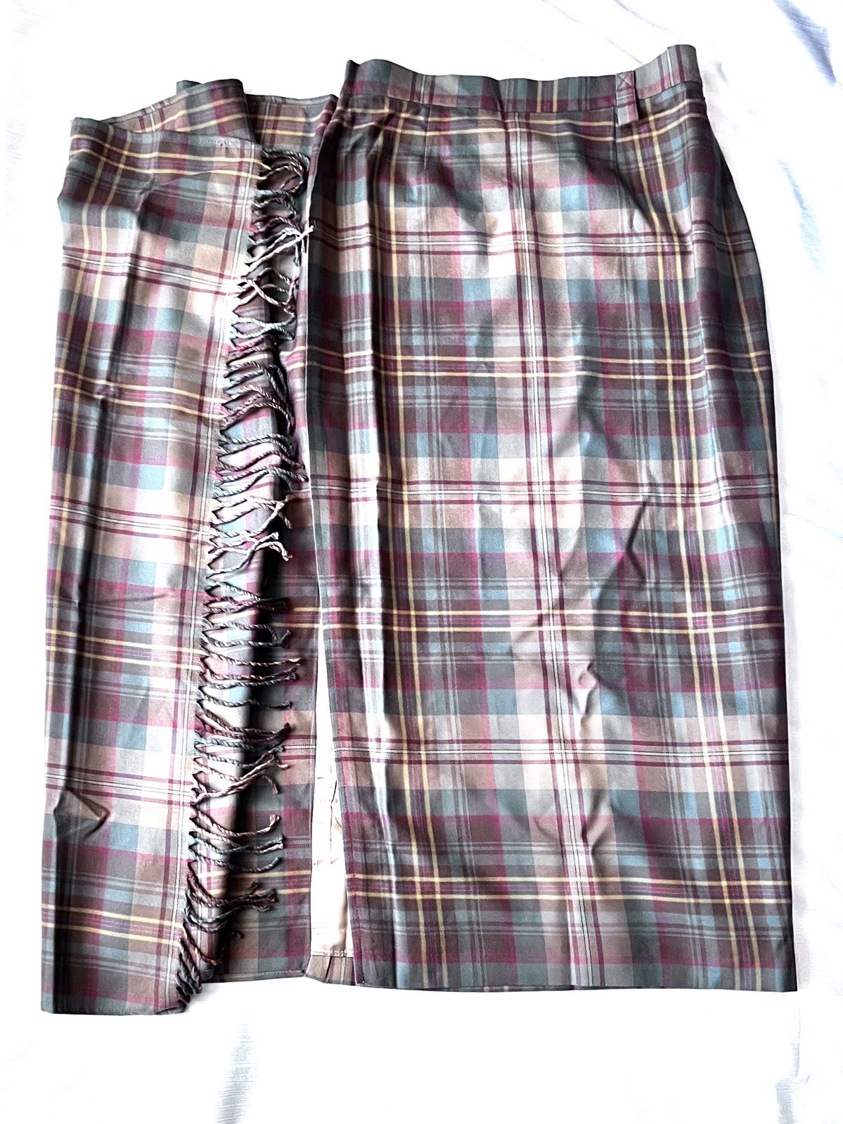 NEW The Peterman Company Sz12 Wool Cashmere Lined Fringe Tartan Plaid Wrap Skirt