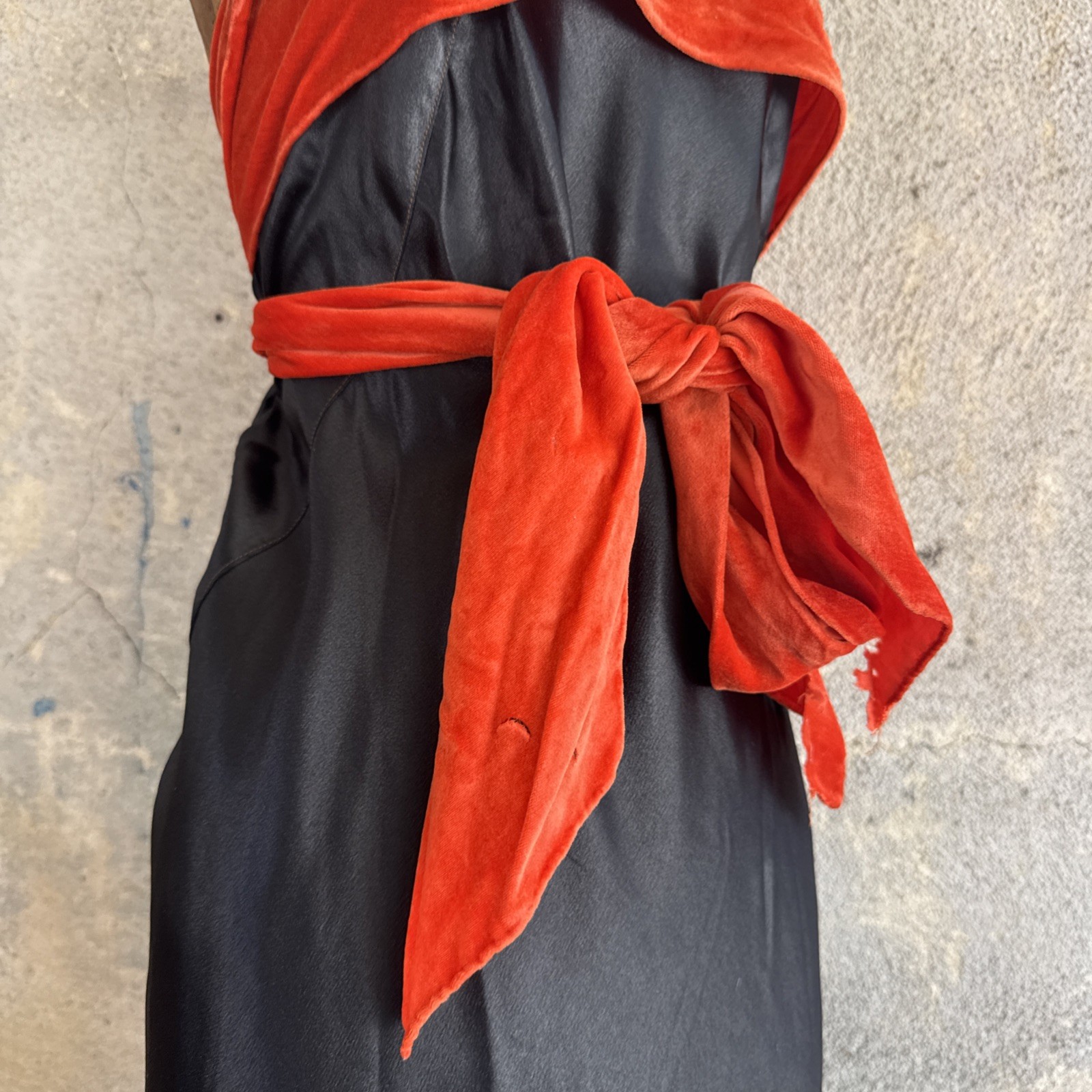 Vintage 1930s Black Silk Satin Dress Orange Silk Velvet Bow Wrap Lace Trim Bias