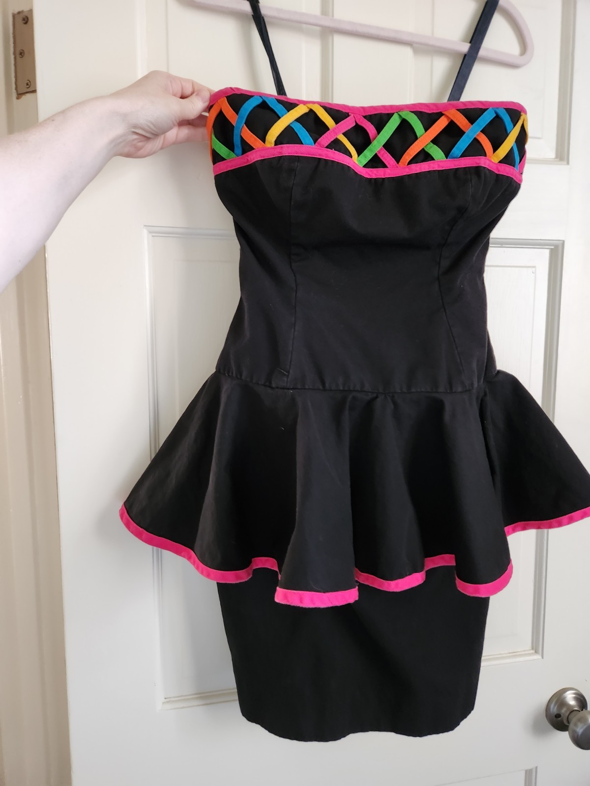 Vintage 1980s Peplum Dress Rave Neon Rainbow 80s Birthday Wedding Rio Carnival