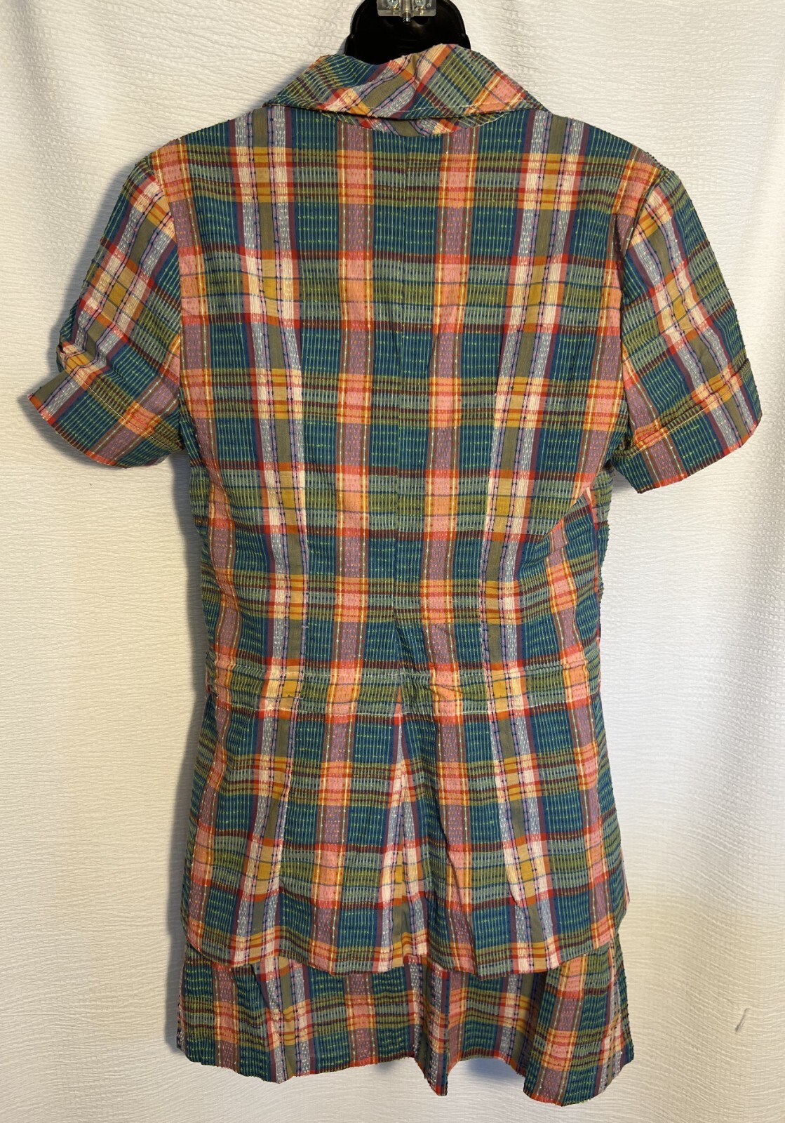 1970s Vtg 2pc Skirt Suit S Multicolored Nubby Plaid Short Sleeve Miss Pat w Belt