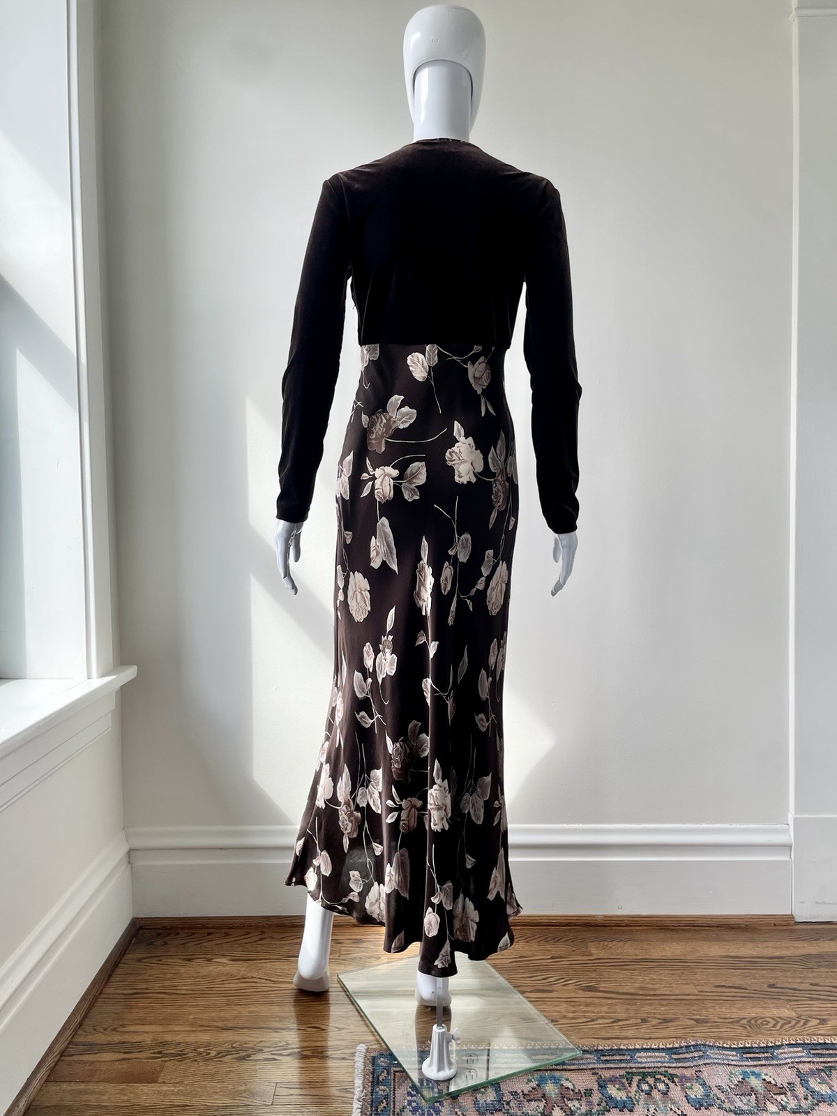 Vintage S M Dress Maxi Velour Satin Rose Floral print 90s Brown VGUC