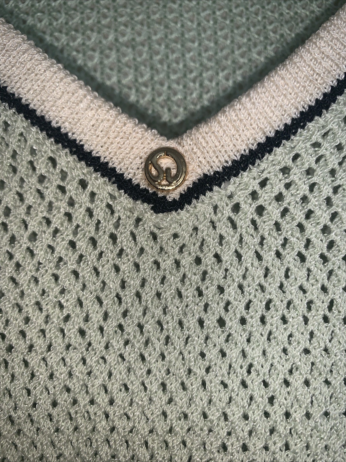 Vintage St John Knit Sweater Size S/M 80s Pale Mint Green Ivory Black Trim