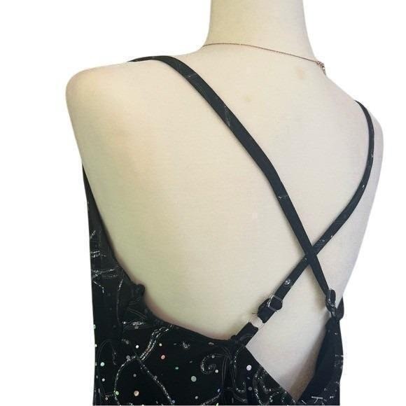 Vintage Black Glitter Sequin Mini Dress Cami Side Slit Skort XXLA Large XL