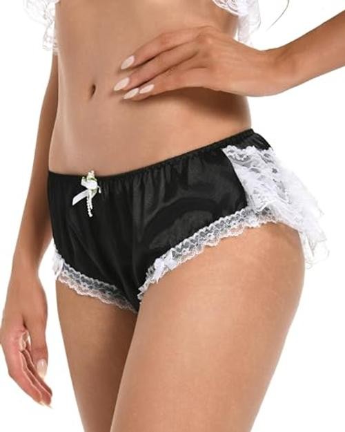 Frilly Sissy Soft Lace Knickers Briefs Satin Panties XX-Large Black – White