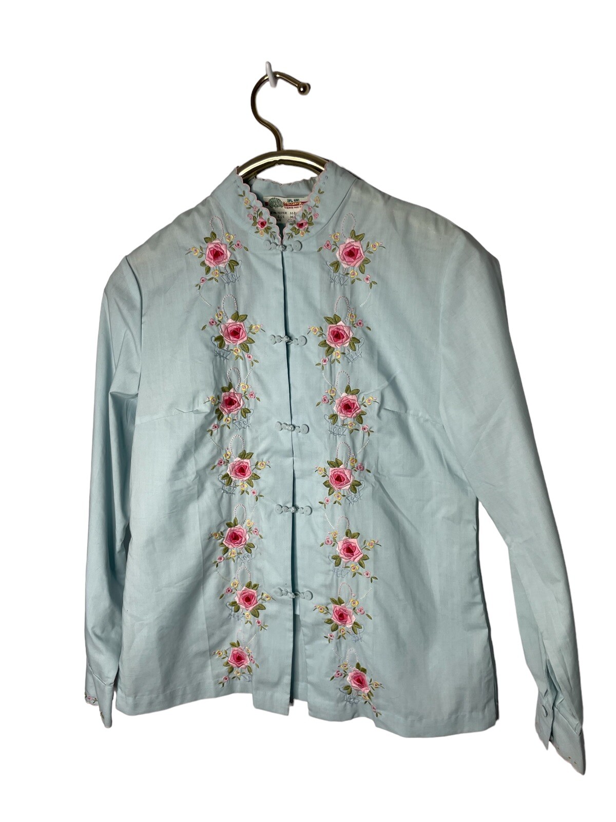 Vtg 60s Chinese Peacock poly/cotton Blue Hand Embroidered Button Up 36 Women