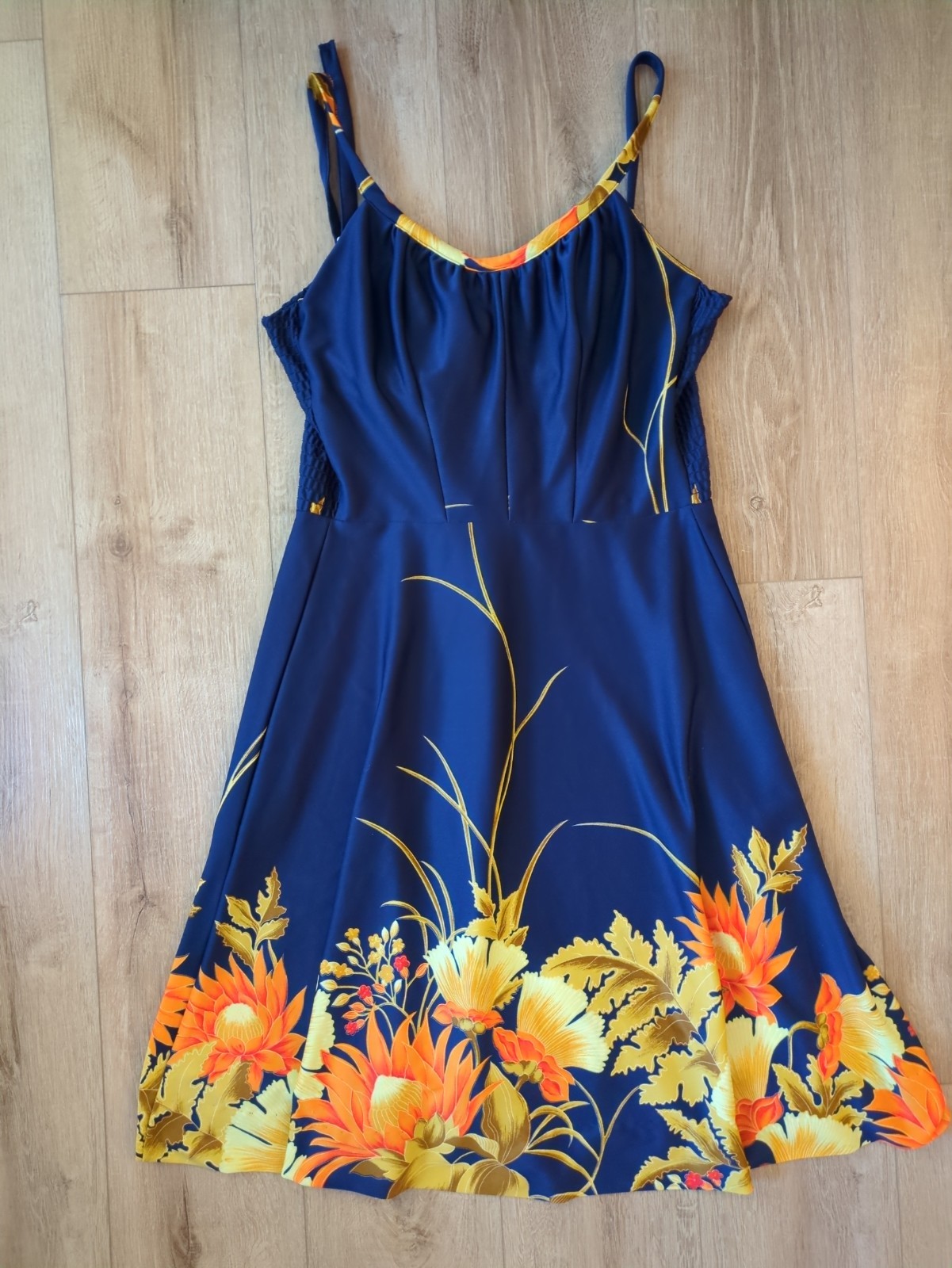 Vintage Resort Line Hawaii Hawaiian Strappy Built In Bra Beach Dress M Sunset **