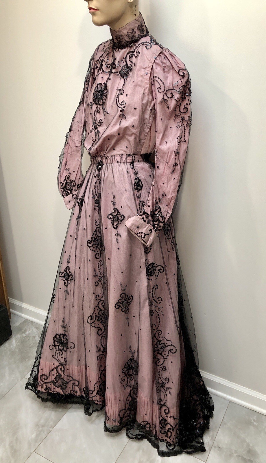 ANTIQUE VICTORIAN Early 1900s GIBSON GIRL PINK+Black JET SEQUIN BEADED 3Pc GOWN