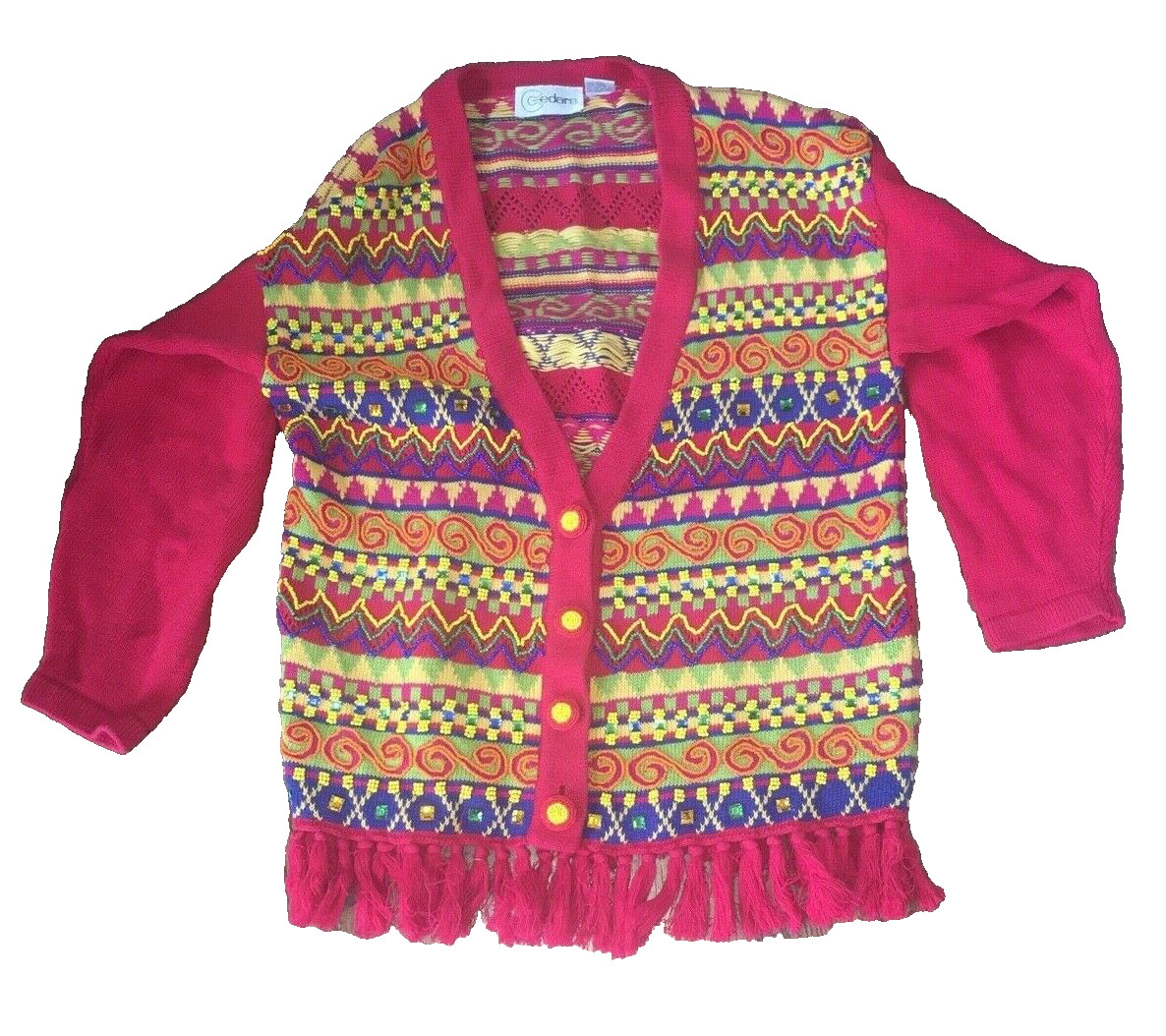 Vintage Womens Small Abstract Fringed Beaded Button up Cedars Sweater Red 1980’s
