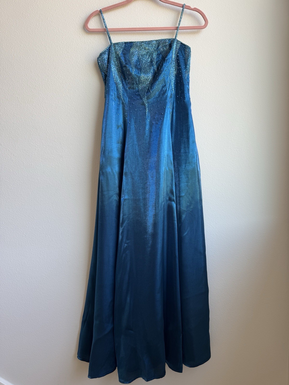 Vintage Turquoise Blue Beaded Iridescent Maxi Cocktail Formal Party Dress S / M