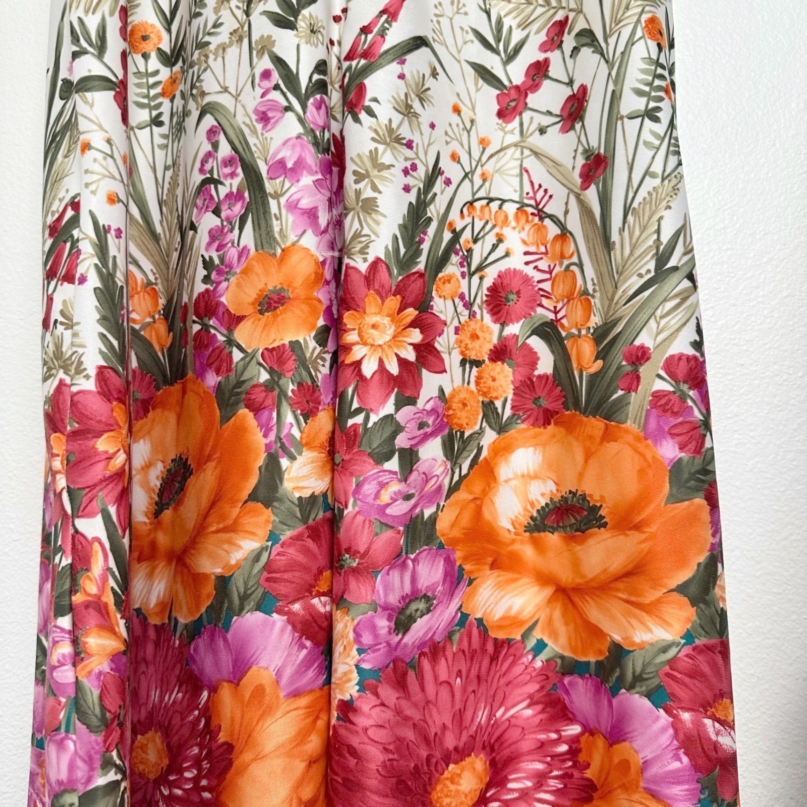 70s Vintage Floral Mandarin Collar Midi Dress Flutter Sleeve White Orange Small