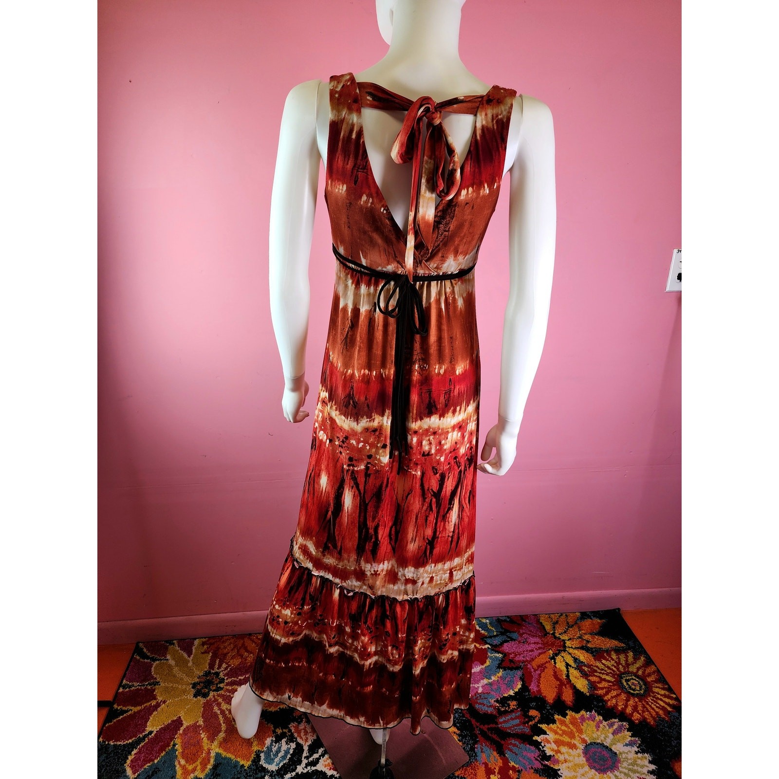 Vintage Y2K Fire Tie Dye Red Rust Brown Tortoise Shell Bead Maxi Dress by BCX