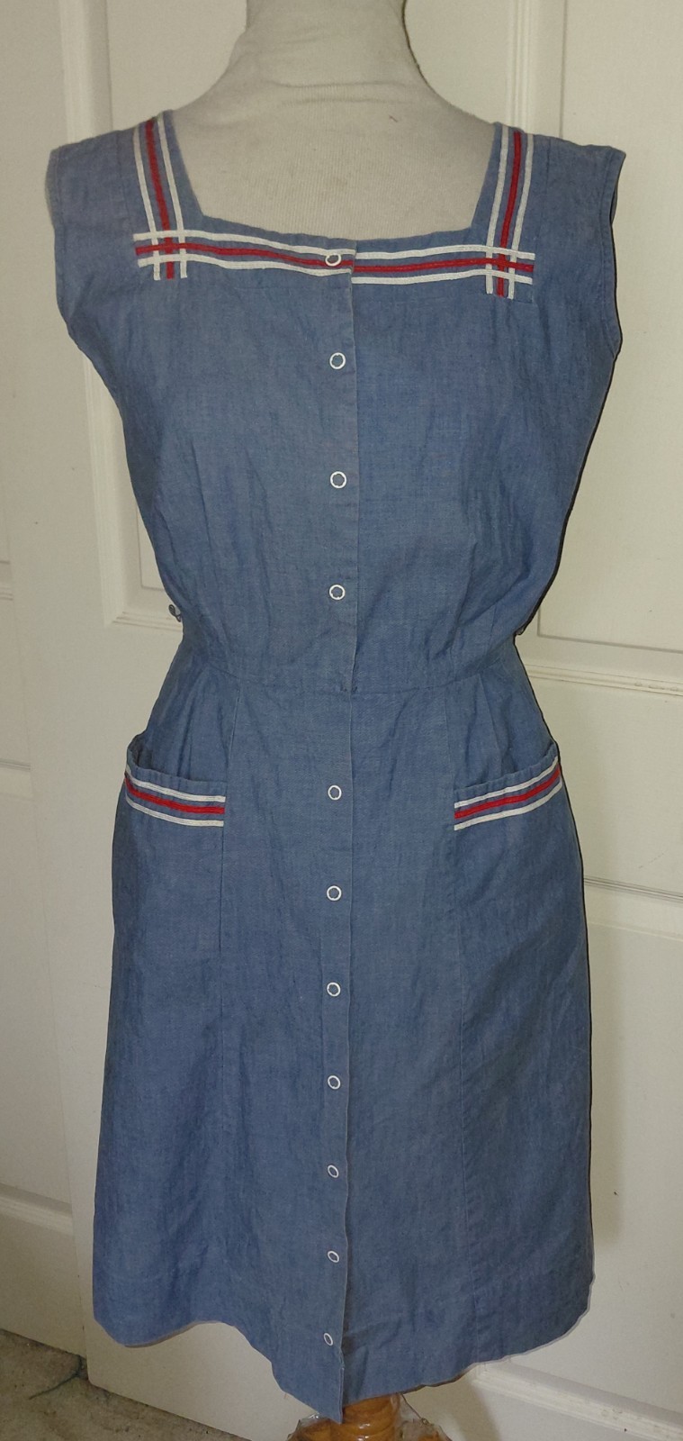 Vintage Blue Denim Sleeveless House Dress Nautical Style B36