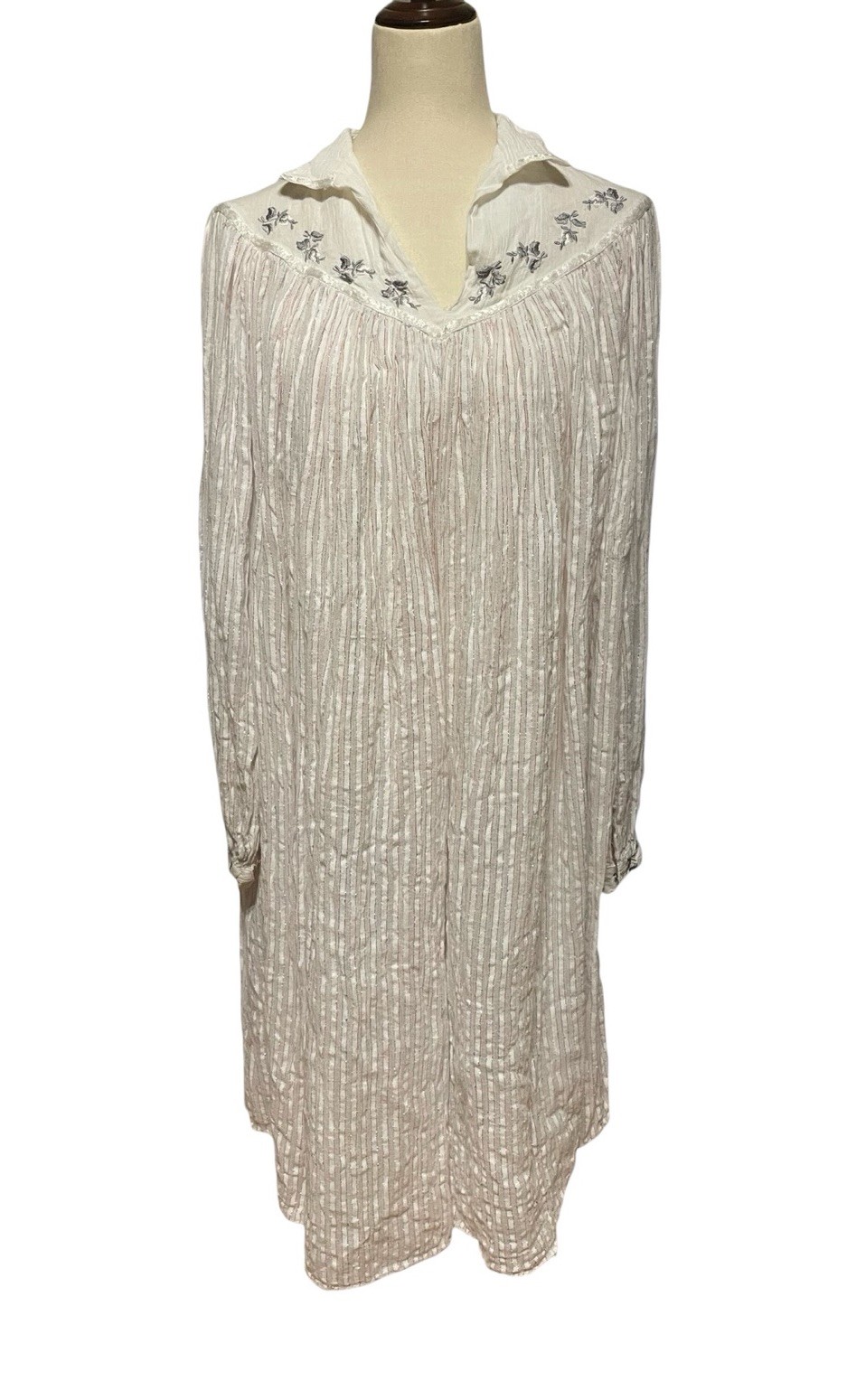 1970s Grecian Boho Gauze Lurex Maxi Dress Folk Festival Hippie Embroidery Large