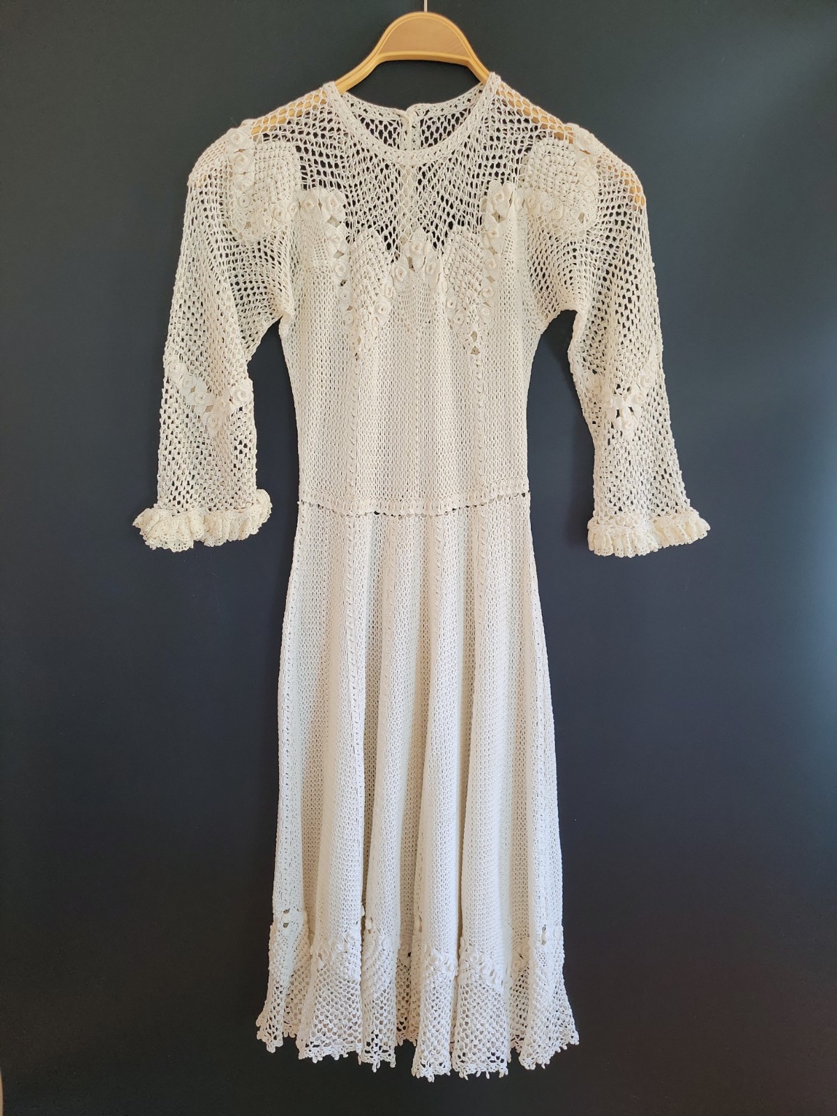 Vintage Handmade Crochet Lace Wedding Dress XS Small White Boho Sheer Overlay
