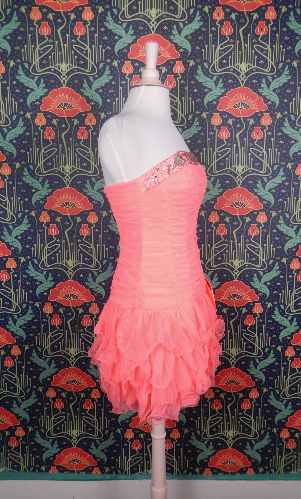 Vintage Y2K Neon Coral Pink Strapless Tulle Ruffle Mini Party Sequin Bow Dress