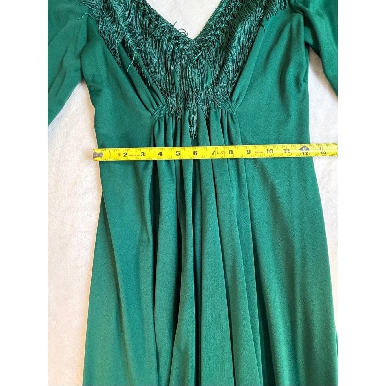 1970’s Deep Green Empire Waist Fringe V-Neck with Macrame Tassel Maxi Dress