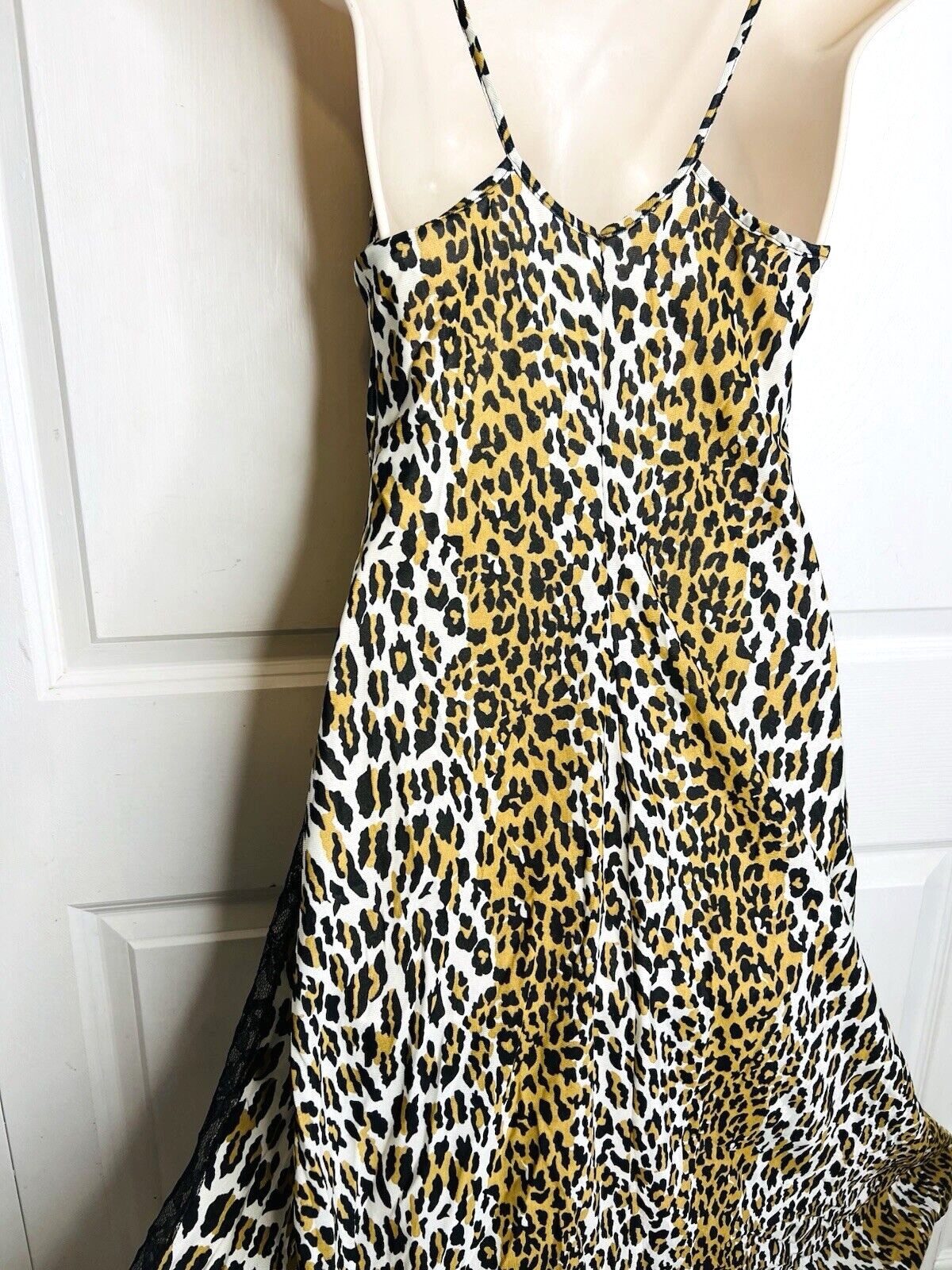 Vtg SEXY Leopard & Black Semi Sheer Lace Panels SMALL Long Negligee Nightgown