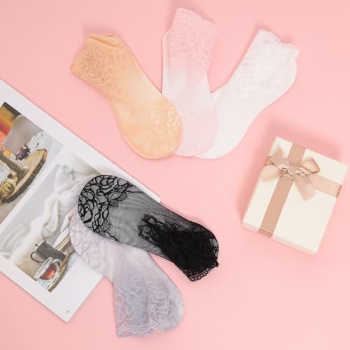 5 Pairs Soft Sheer Lace Ankle Socks Lightweight Mesh Ruffle Socks Breathable