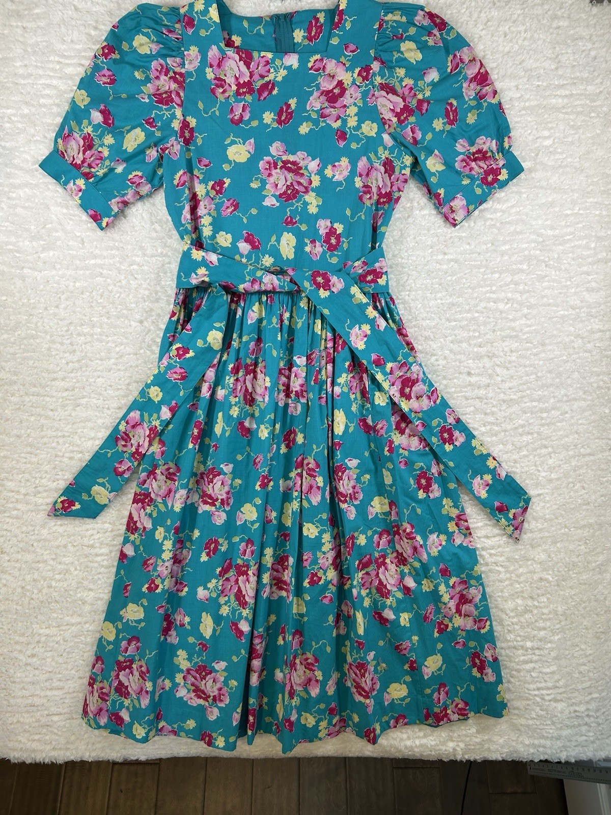 Vintage 90’s Laura Ashley Floral Dress Teal Pink Cotton UK 10 US 8 Belted