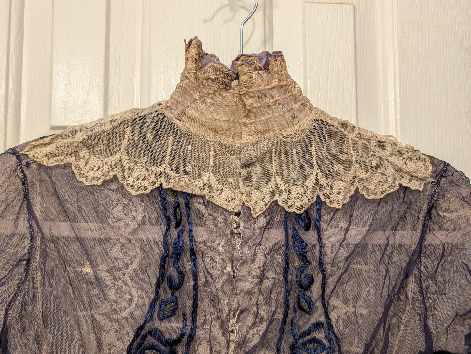 Antique Edwardian Cream Lace Blue Satin XS Women’s Blouse Handmade Bow Details
