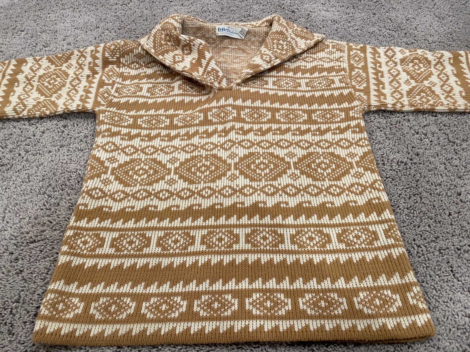 Vintage Leroy Knitwear Geometric Textured Sweater Funnel Neck Button Front 60’s