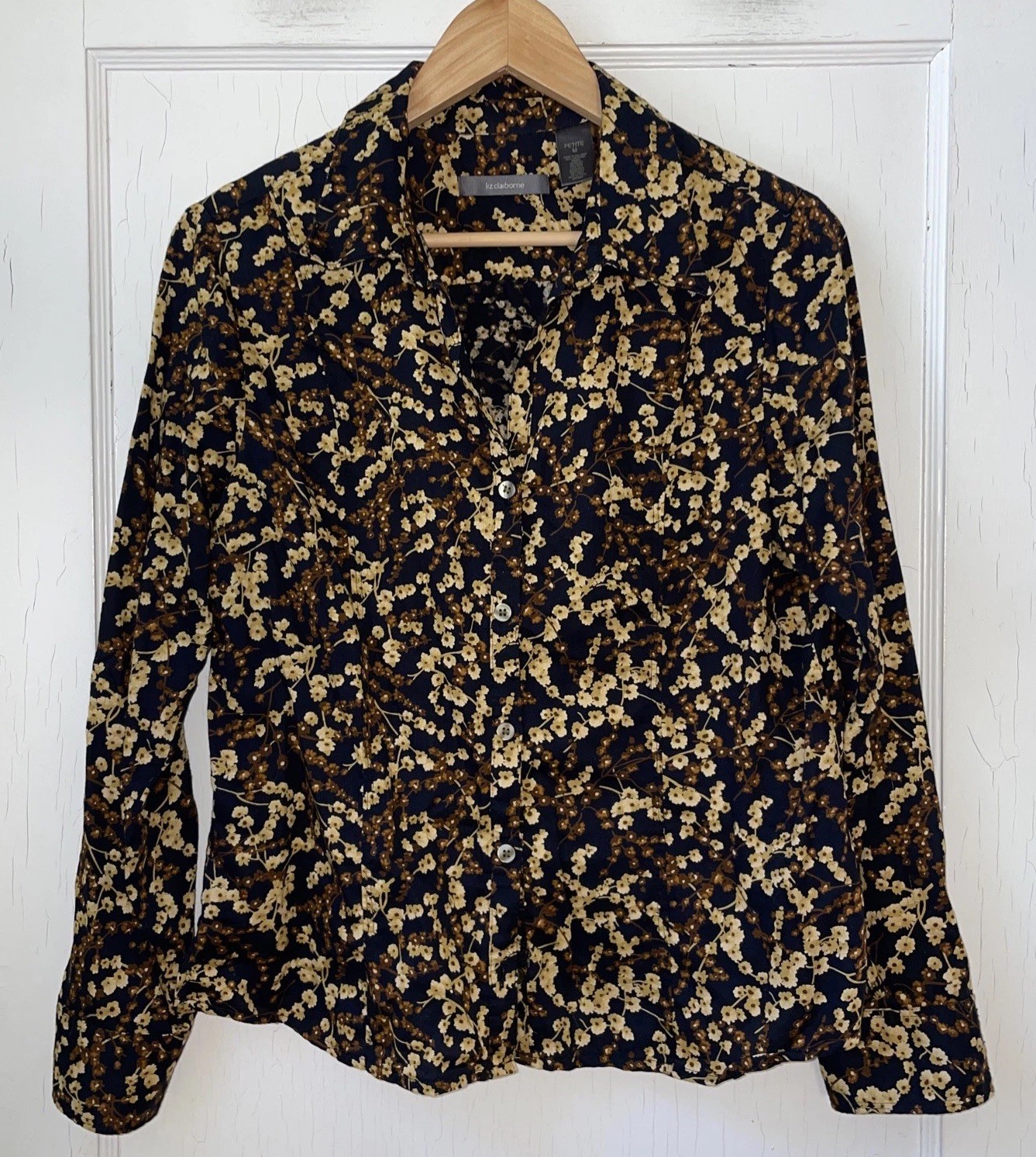 Vintage Y2k Liz Wear Black Brown Floral Cottage Button Blouse M Petite