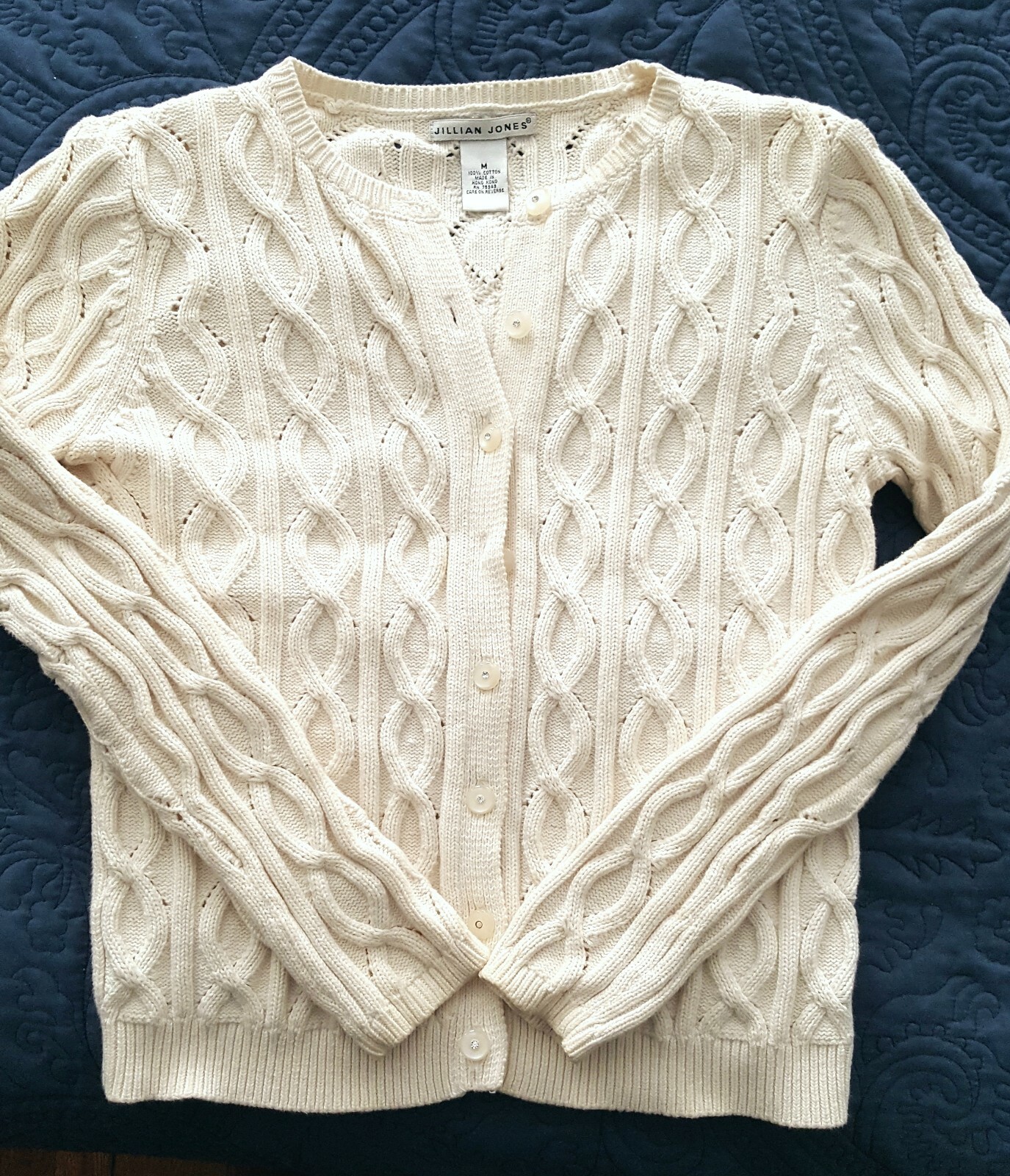 Vintge Jillian Jones Ivory Cotton Sweater Cardigan Rhineston Button M See Measur