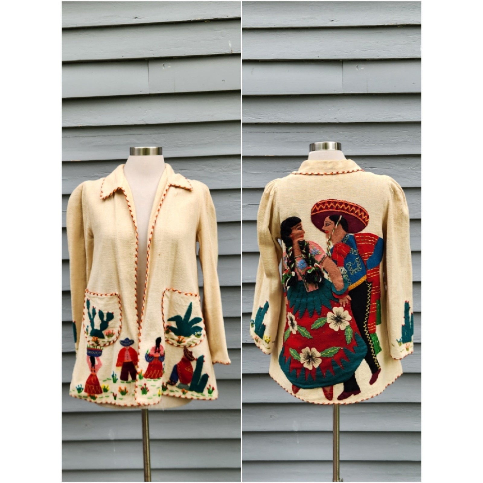 Vintage 50s Mexican Tourist Jacket Cream Embroidered Folk Art Applique Medium