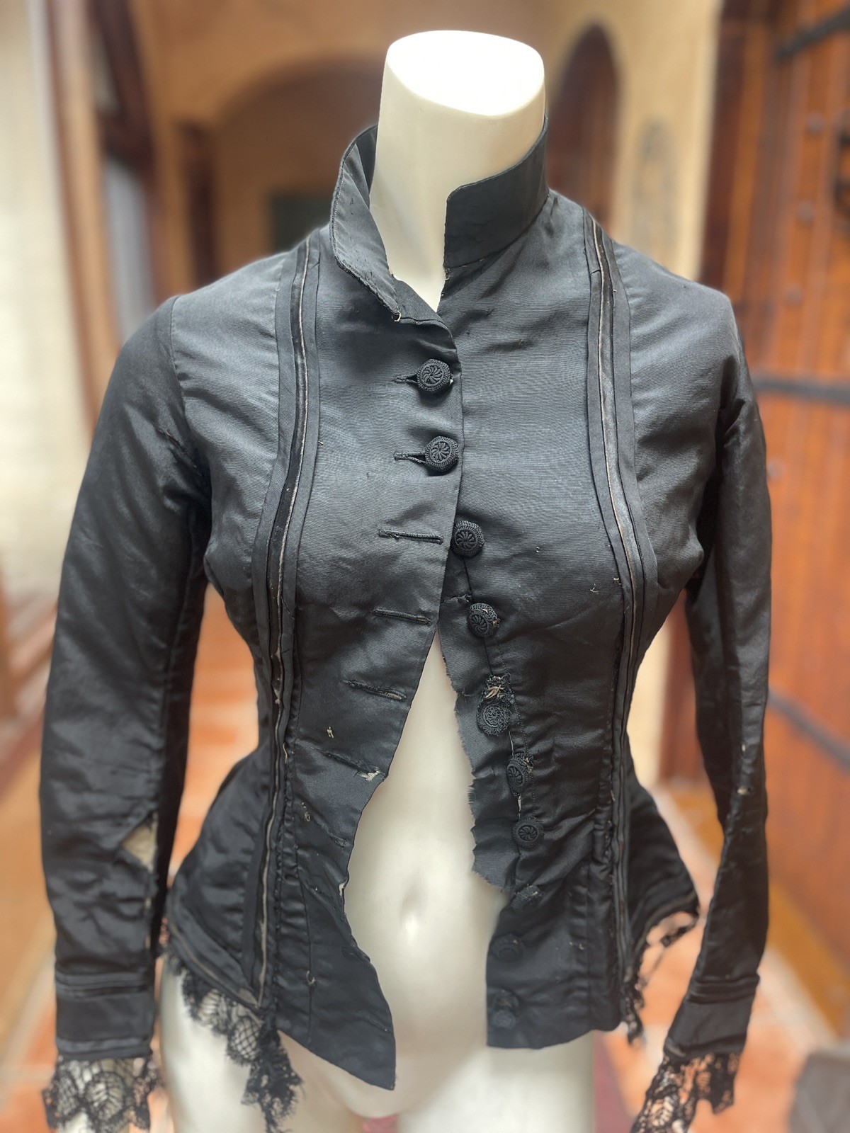 Antique 1880s Victorian Black Silk Bodice XXS AS IS