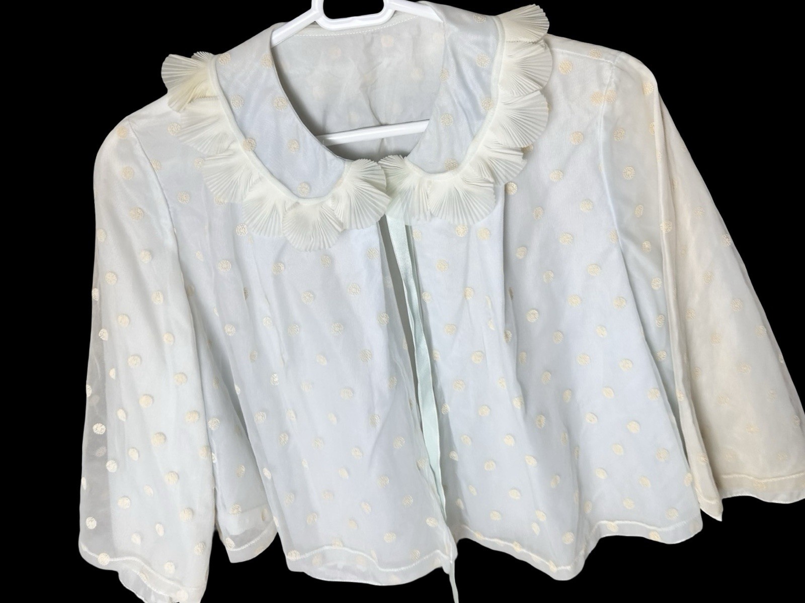 VTG Odette Barsa Bed Jacket Sz M Blue Polka Dot Overlay Shell Lace FLAWS READ