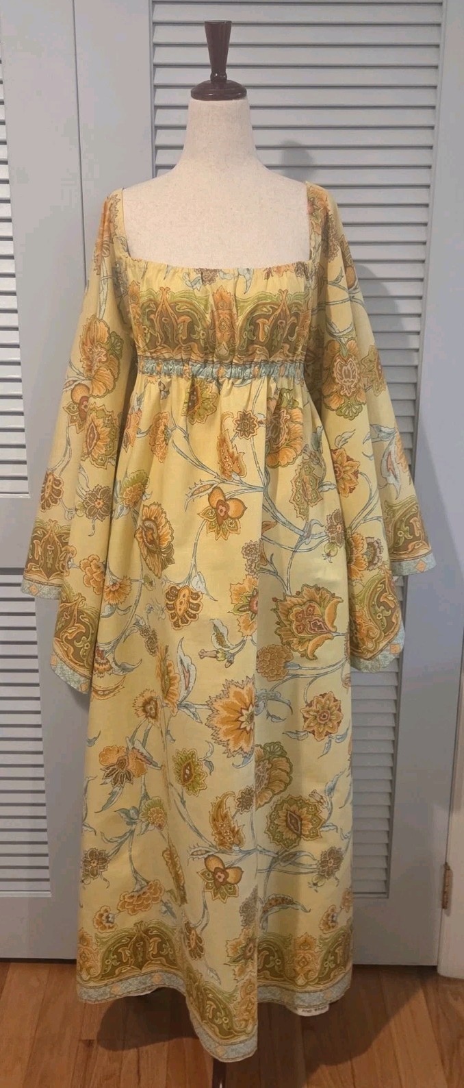 70s Vintage Maxi Dress Angel Sleeves Bloomcraft Du Pont Zepel Fabrics Handmade