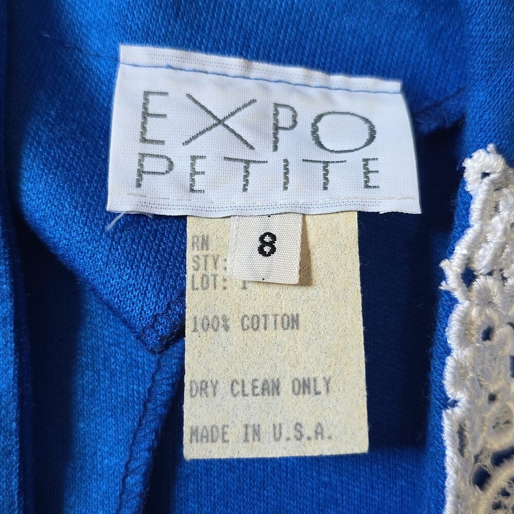 Expo Petite Vintage Women’s Size 8 Blue Lace Trim 100% Cotton Dress 1980’s