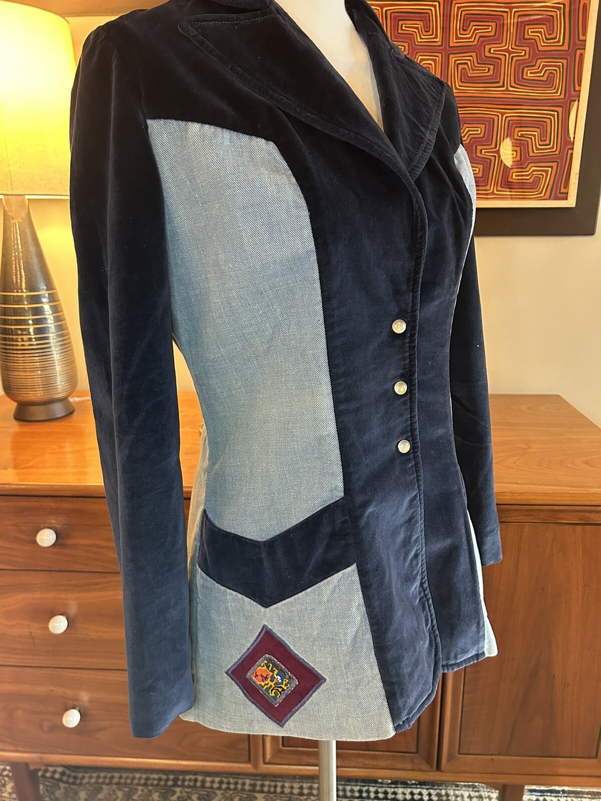 70’s Blazer Jacket Modern Juniors 100% Cotton Velvet & Denim Union Made In USA S