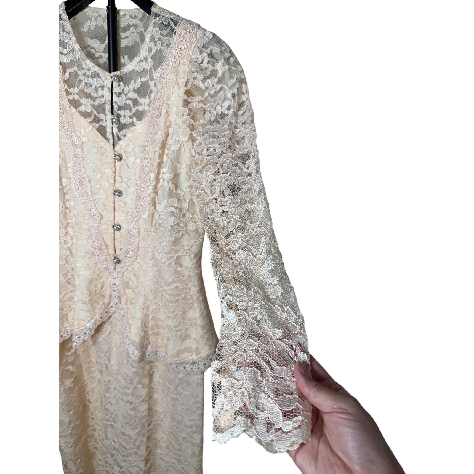 Cachet by Bari Protas Vintage Lace Skirt Suit Set Pink Peplum Jacket Midi 5/6