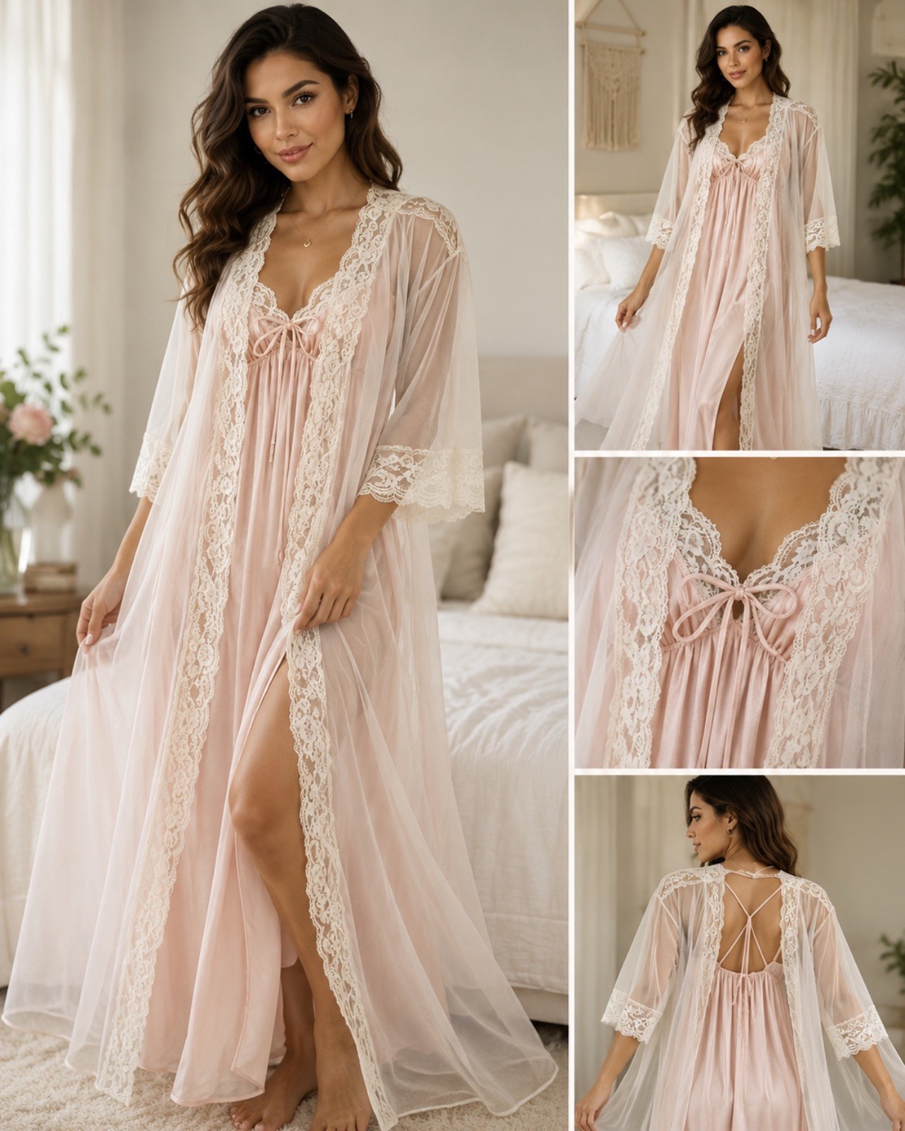 2PC Vintage L-XL 80s peignoir sheer Chiffon 100% Nylon Nightgown & Sheer Robe