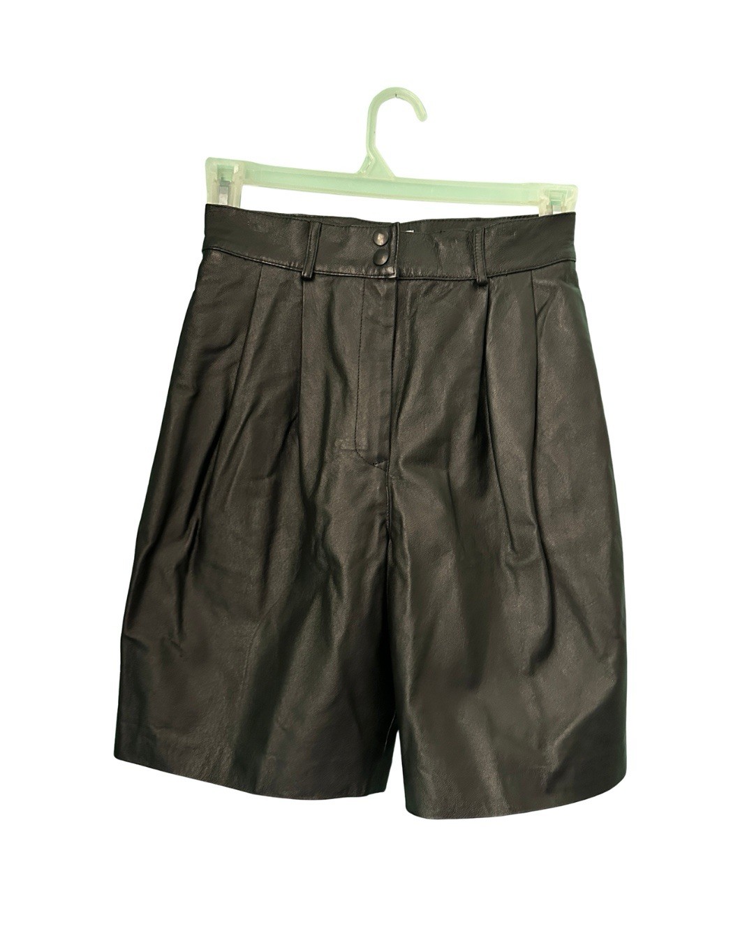 Vintage Bagatelle High-Waisted Black Leather Pleated Bermuda Shorts