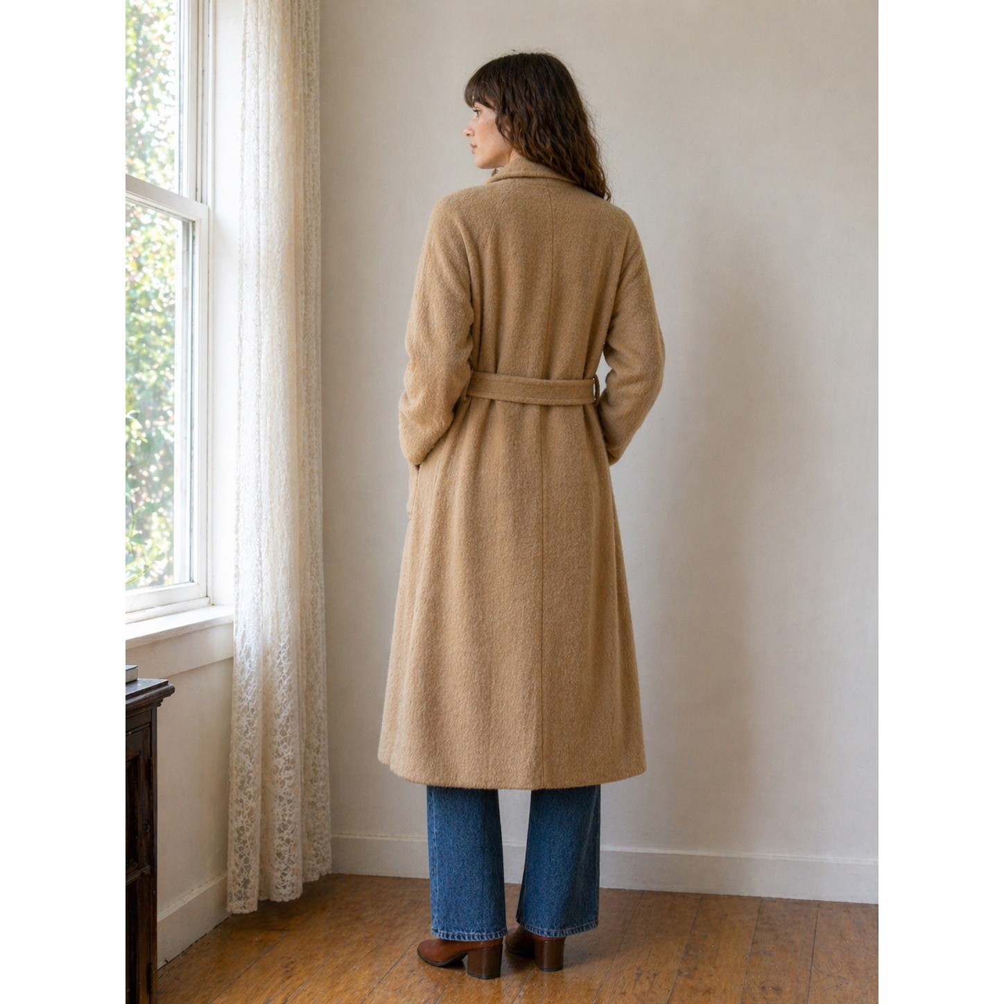 Vintage 100% Camel Hair Double Breasted Coat Womens Belted Long Tan Winter Coat