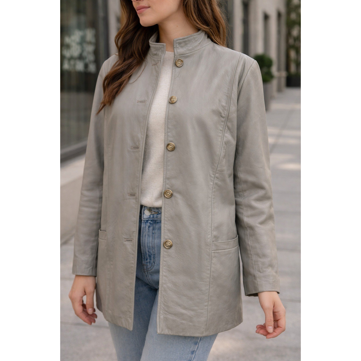 Vintage Leathers by New England Sports Wear Co Alabaster Grey Leather Jacket 8
