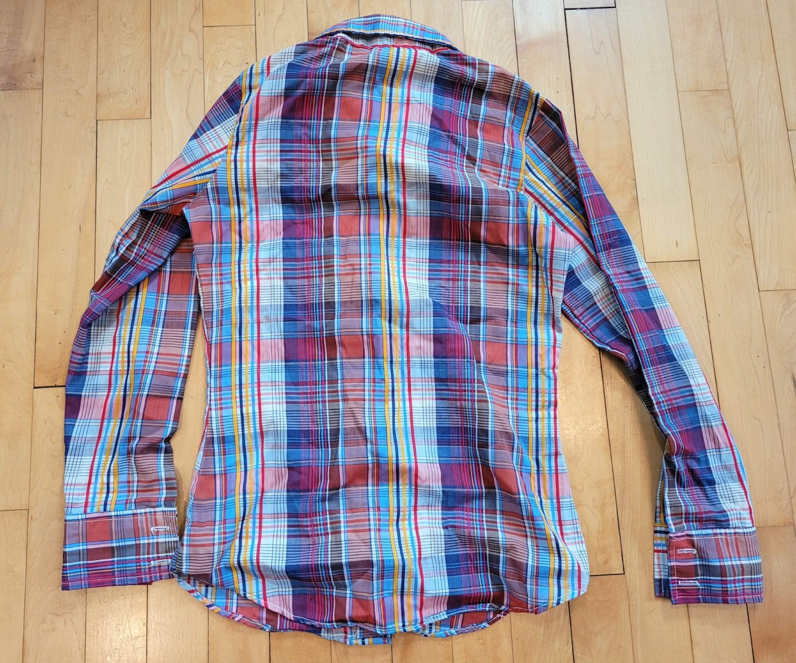 Vintage 70s Blue Red Plaid Button Down Collared Blouse Shirt by Stitches Sz S