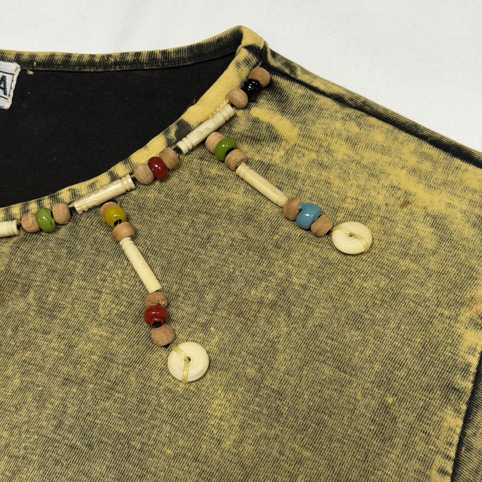 Archive Vtg 90s Nalanda Japan Acid Wash Fringe Beaded Top Native Western M L