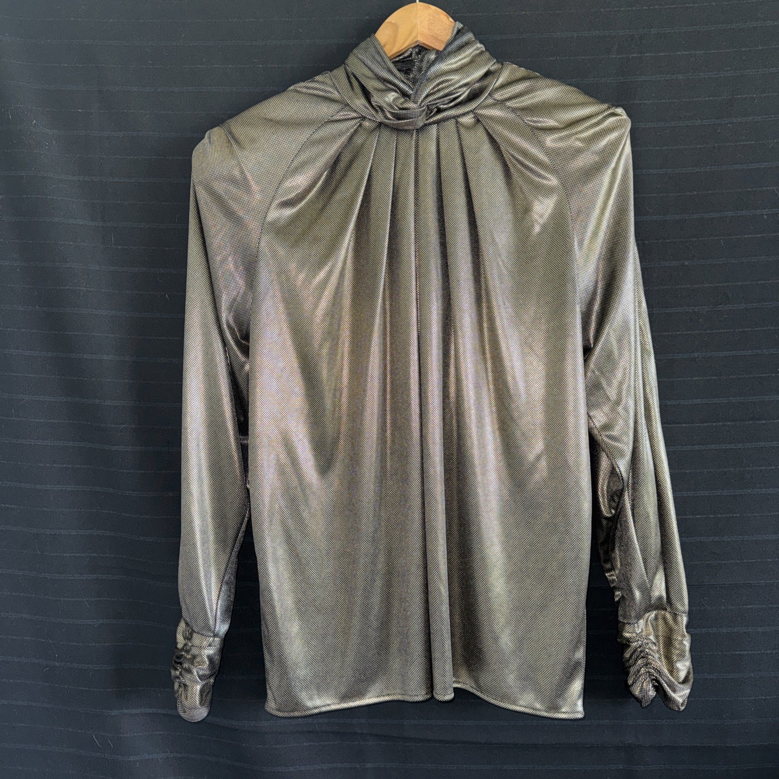 Tess Black Gold Micro Dots Turtleneck Blouse 10 Retro Glam Shiny 80s Metallic