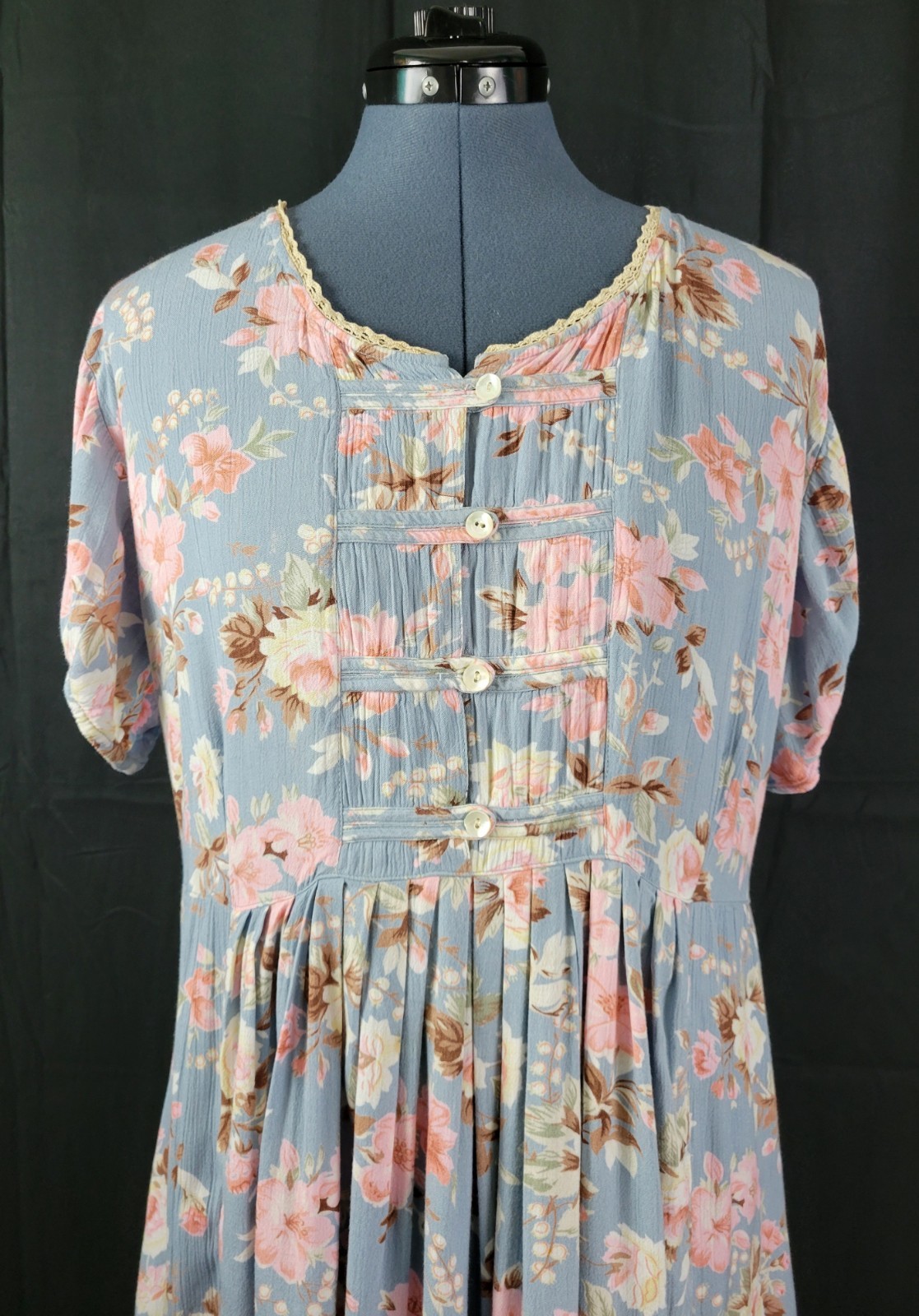 Vintage Ellen Ashley Blueish Grey Dress w Pink & Cream Florals Size 14P