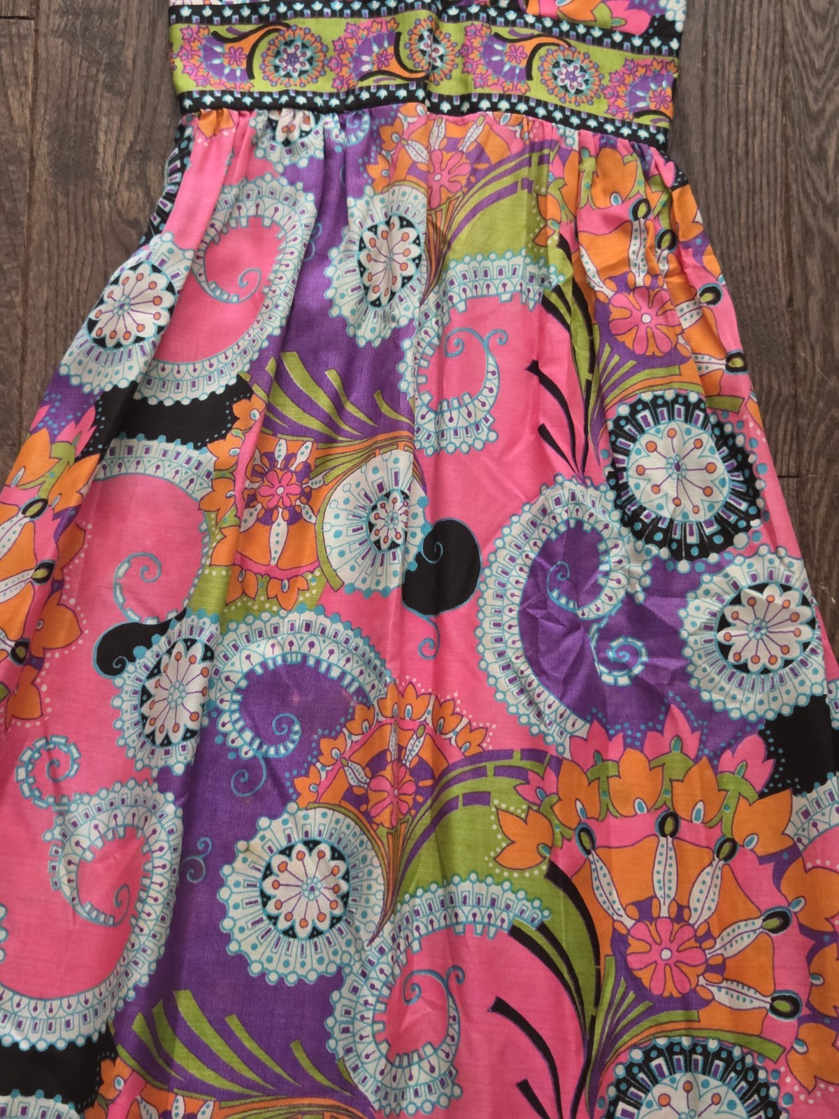Vintage 70s Psychedelic Paisley Floral Maxi Dress Pink Purple Boho Hippie S