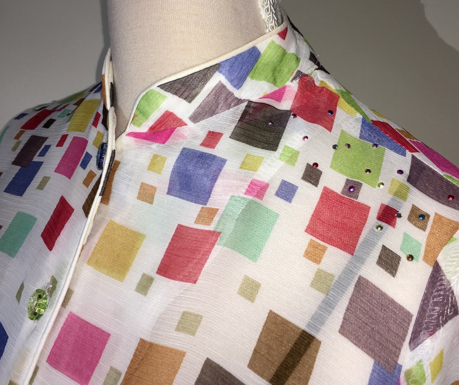 Vtg. Sheer SEA SUNS Mandarin Collar BLOUSE Tiny Multi Color Studs & Buttons RARE