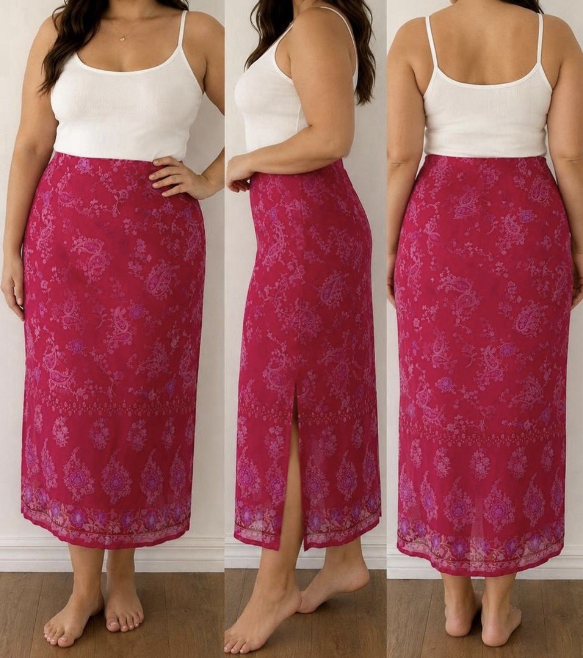 Vintage Y2K Dress Barn Pink Floral Paisley Mesh Midi Skirt